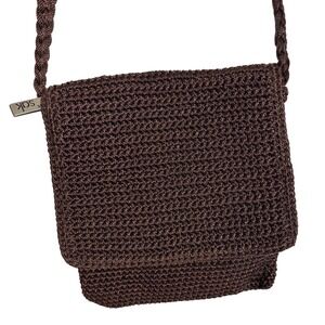 Vintage The Sak Brown Crochet Woven Mini Crossbody Flap Purse Y2K